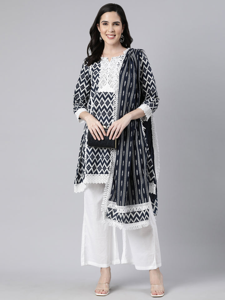 Neerus Black Regular Straight Chevron Kurti And  Palazzos With Dupatta
