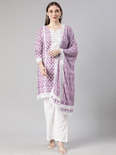 Neerus Lavender Regular Straight Chevron Kurti And  Palazzos With Dupatta