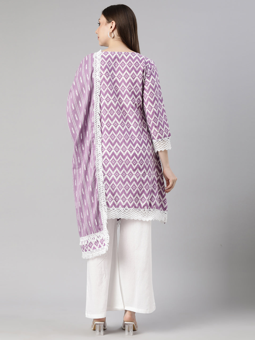 Neerus Lavender Regular Straight Chevron Kurti And  Palazzos With Dupatta