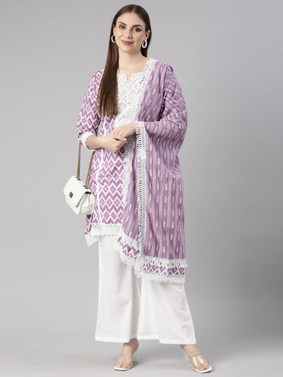 Neerus Lavender Regular Straight Chevron Kurti And  Palazzos With Dupatta