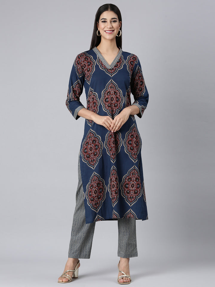 Neerus Blue Printed Straight Kurta and Trousers