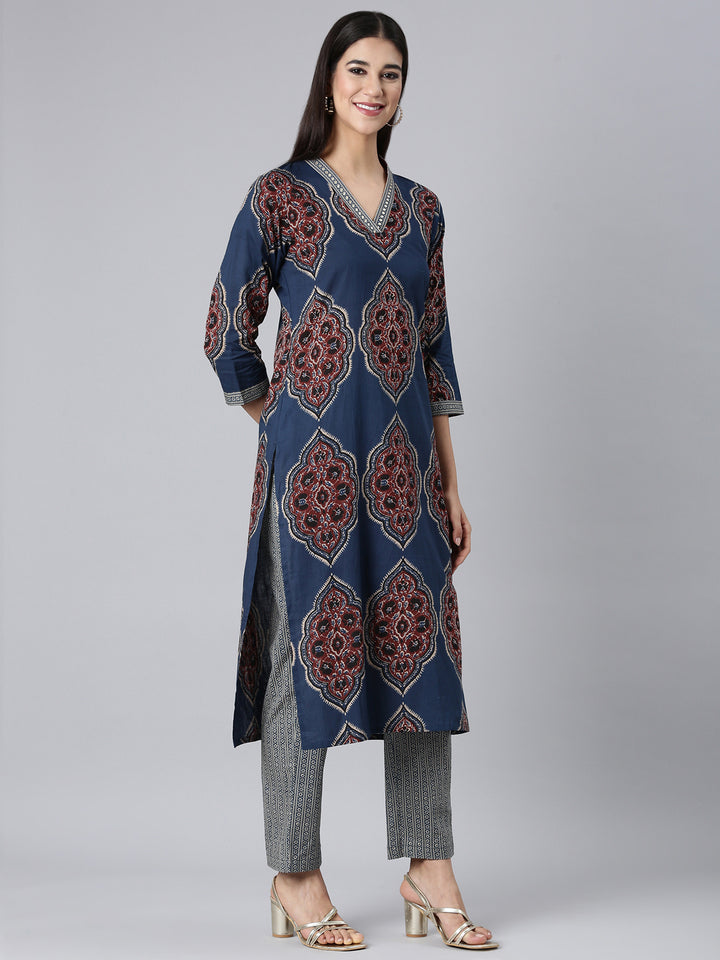 Neerus Blue Printed Straight Kurta and Trousers