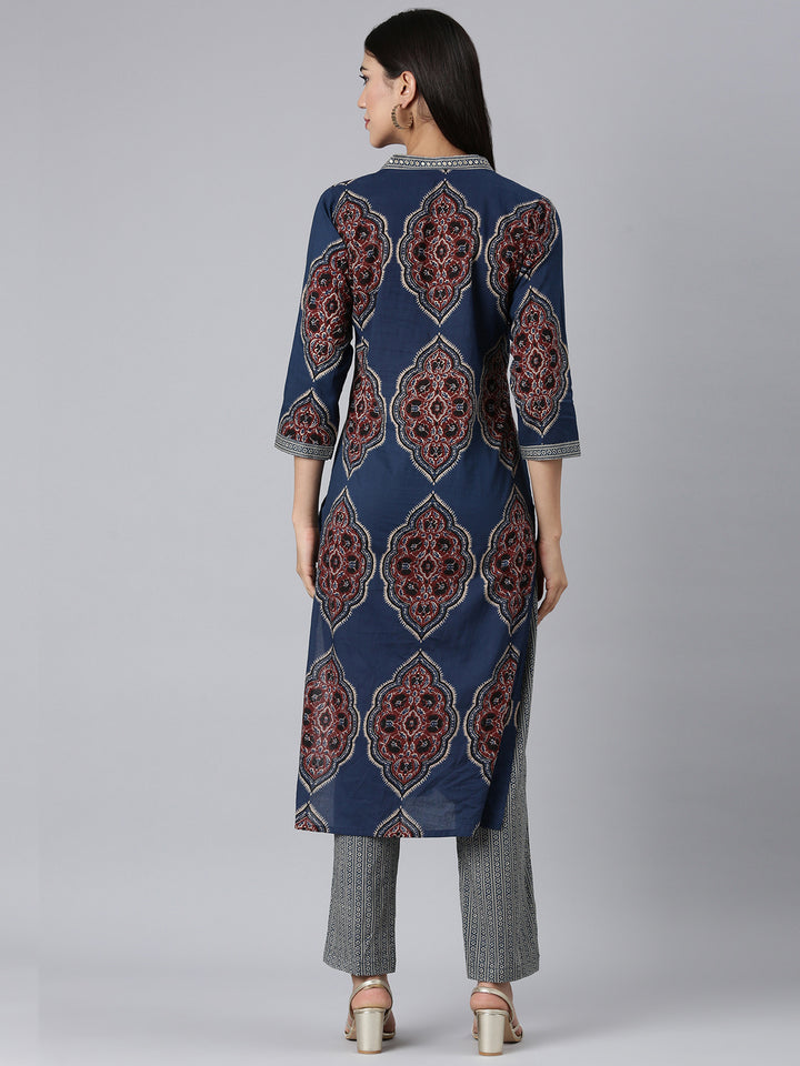 Neerus Blue Printed Straight Kurta and Trousers