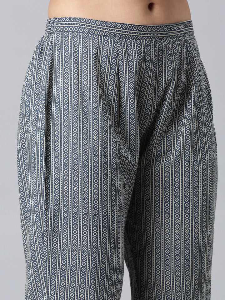 Neerus Blue Printed Straight Kurta and Trousers