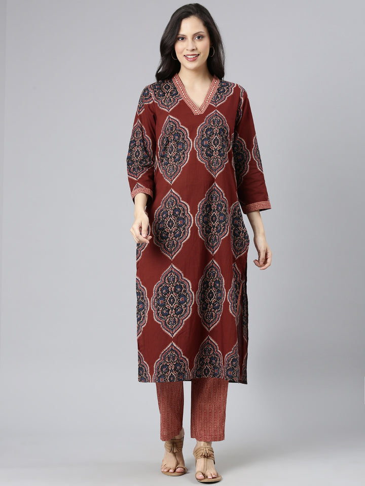 Neerus Maroon cotton printed straight suit set - front view
