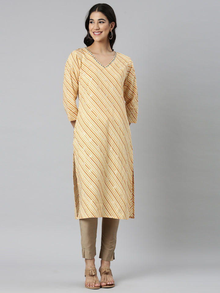 Neerus Yellow Casual Striped Straight Kurtas