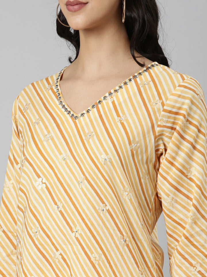 Neerus Yellow Casual Striped Straight Kurtas