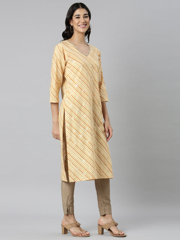 Neerus Yellow Casual Striped Straight Kurtas
