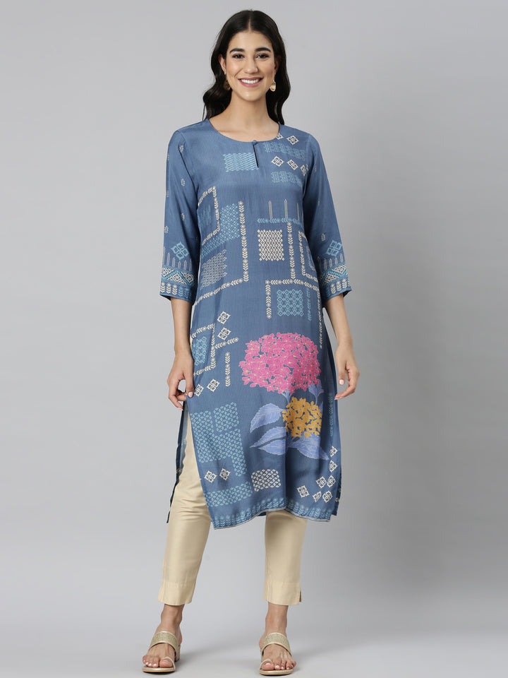 Neerus Blue Casual Quirky Straight Kurtas