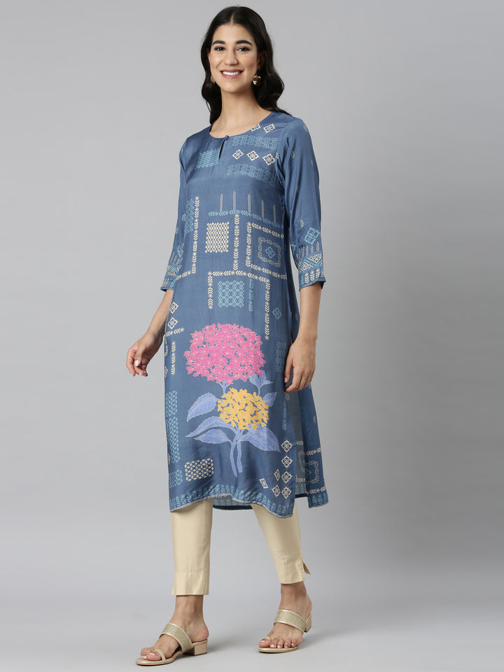 Neerus Blue Casual Quirky Straight Kurtas