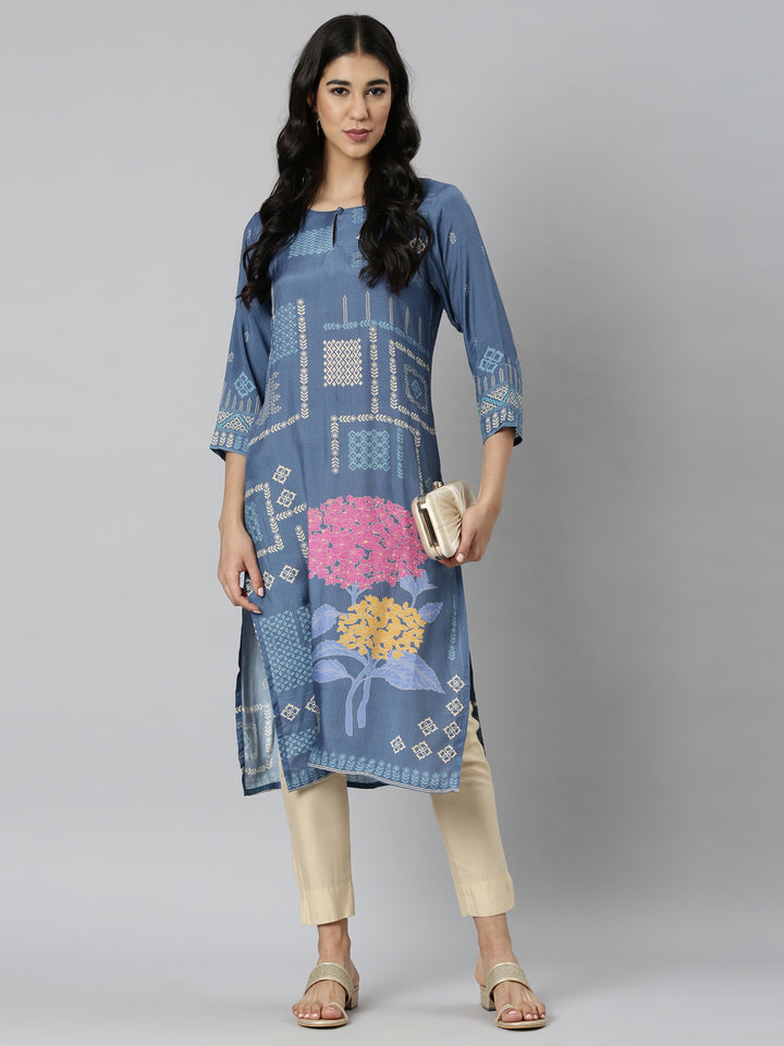 Neerus Blue Casual Quirky Straight Kurtas