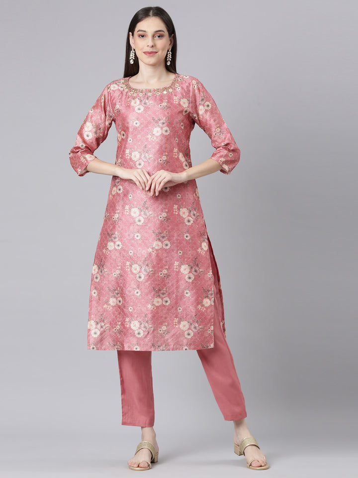 Neerus Pink Printed Straight Kurta and Trousers