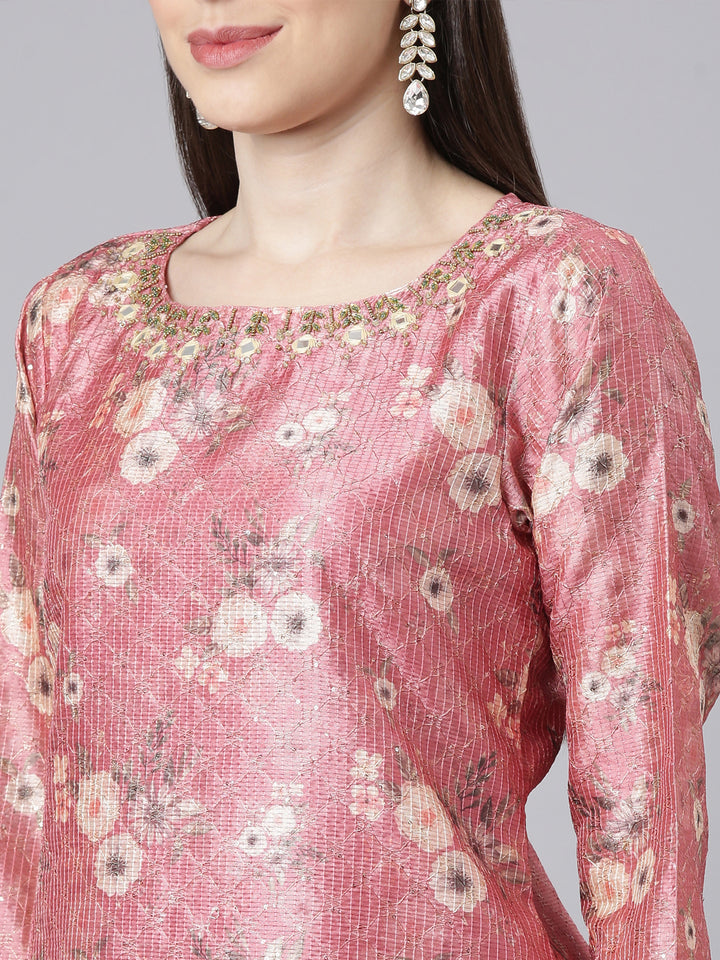 Neerus Pink Printed Straight Kurta and Trousers