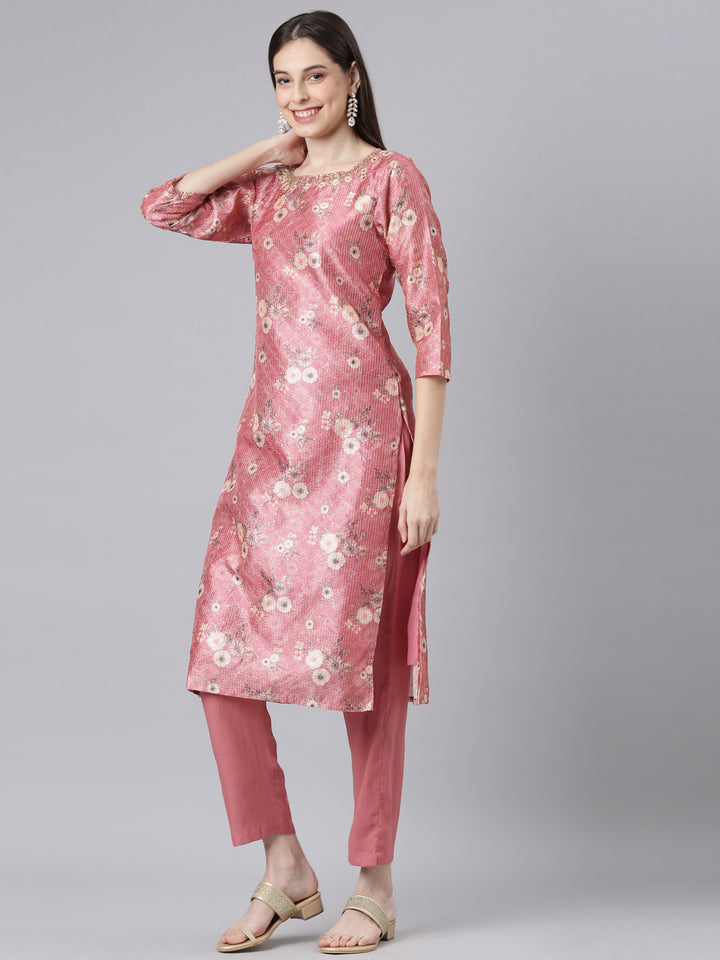 Neerus Pink Printed Straight Kurta and Trousers