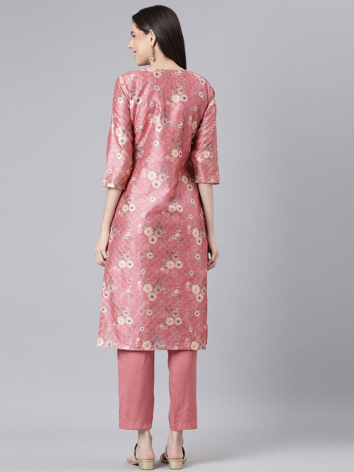 Neerus Pink Printed Straight Kurta and Trousers