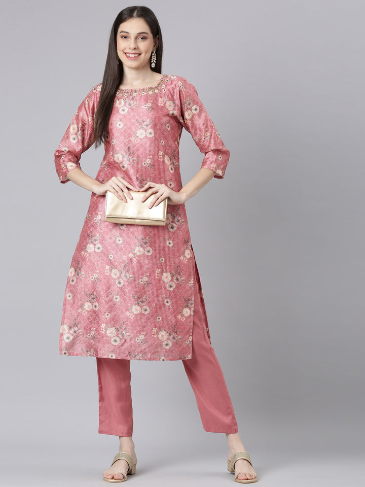 Neerus Pink Printed Straight Kurta and Trousers