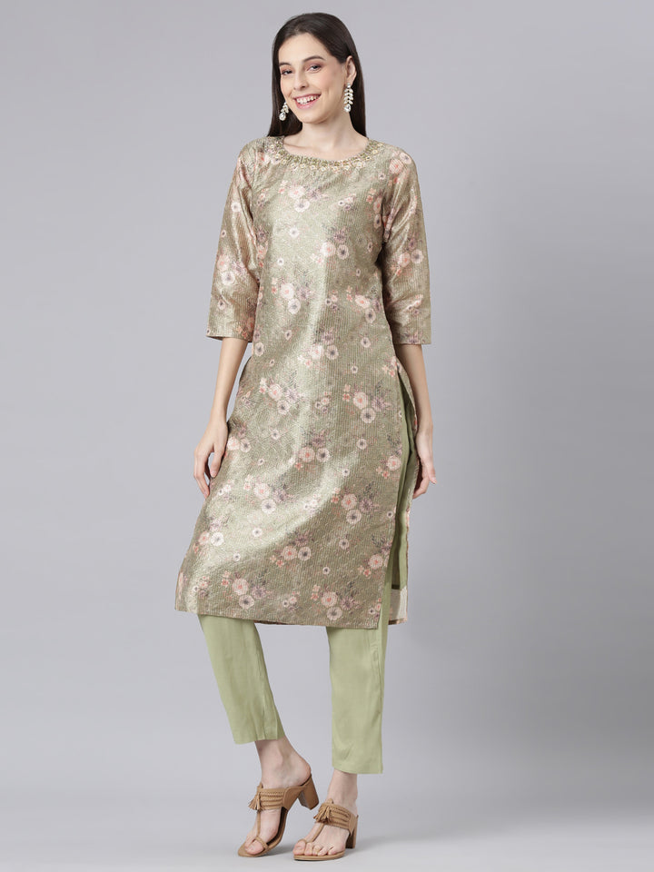 Neerus Green Printed Straight Kurta and Trousers