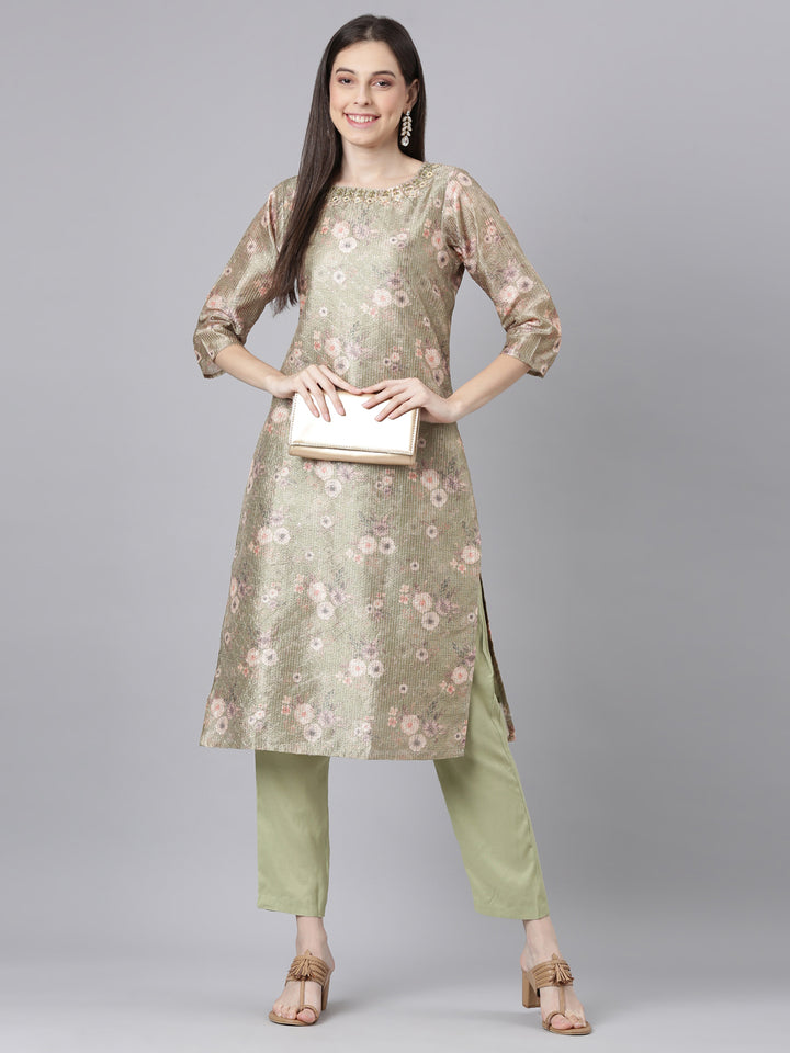 Neerus Green Printed Straight Kurta and Trousers