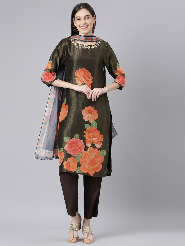 Neerus Olive Printed Straight Kurta and Trousers With Dupatta