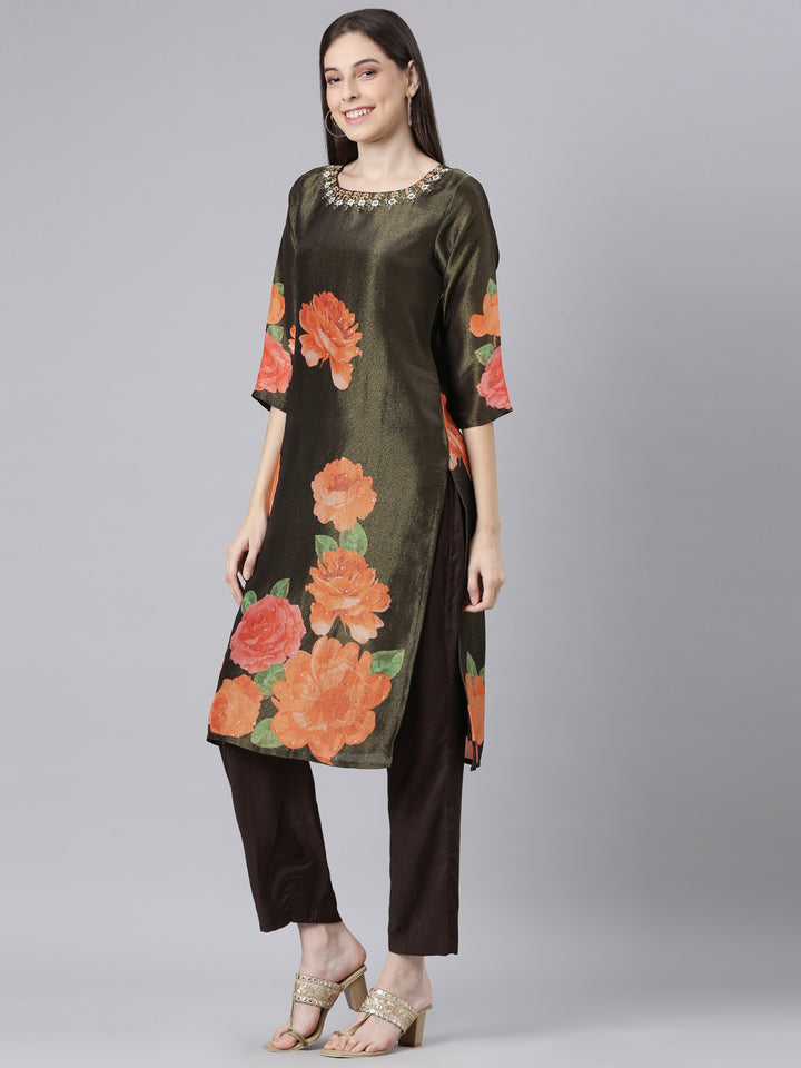 Neerus Olive Printed Straight Kurta and Trousers With Dupatta