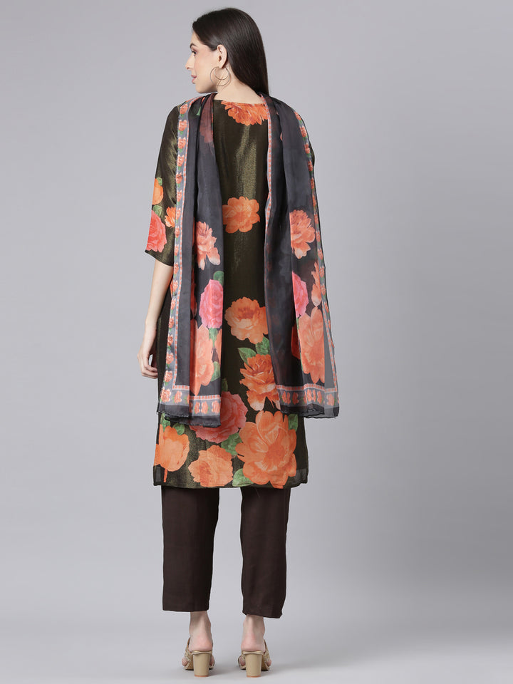 Neerus Olive Printed Straight Kurta and Trousers With Dupatta