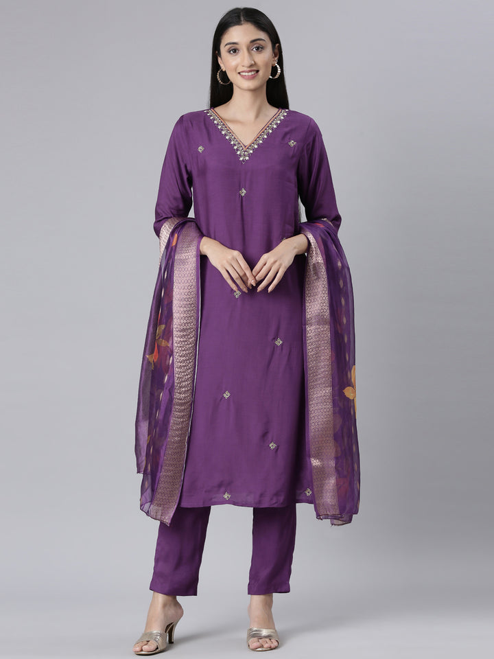 Neerus Purple Solid Straight Kurta and Trousers With Dupatta