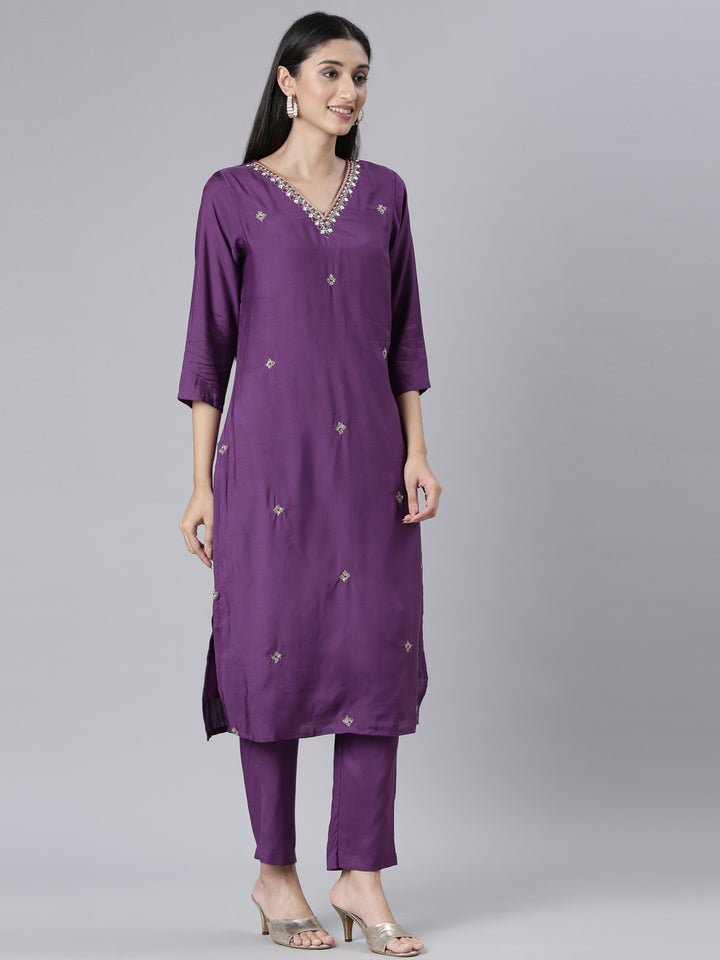 Neerus Purple Solid Straight Kurta and Trousers With Dupatta
