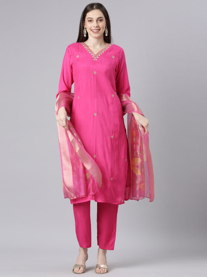 Neerus Pink Solid Straight Kurta and Trousers With Dupatta