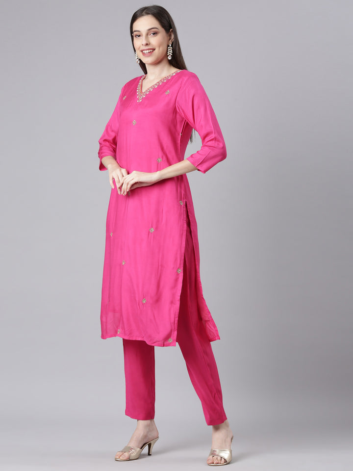 Neerus Pink Solid Straight Kurta and Trousers With Dupatta