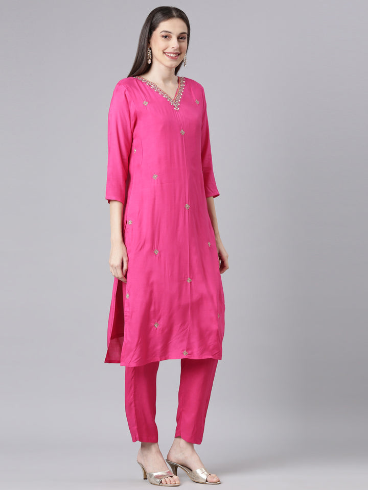 Neerus Pink Solid Straight Kurta and Trousers With Dupatta