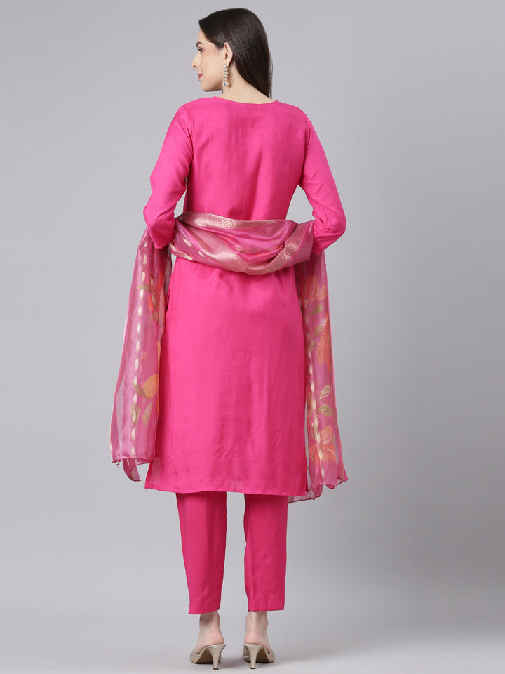 Neerus Pink Solid Straight Kurta and Trousers With Dupatta