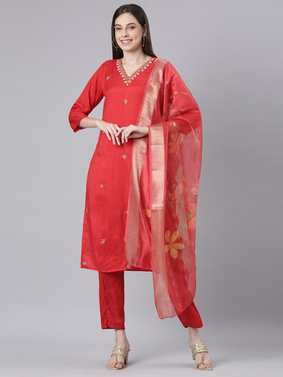 Neerus Red Solid Straight Kurta and Trousers With Dupatta