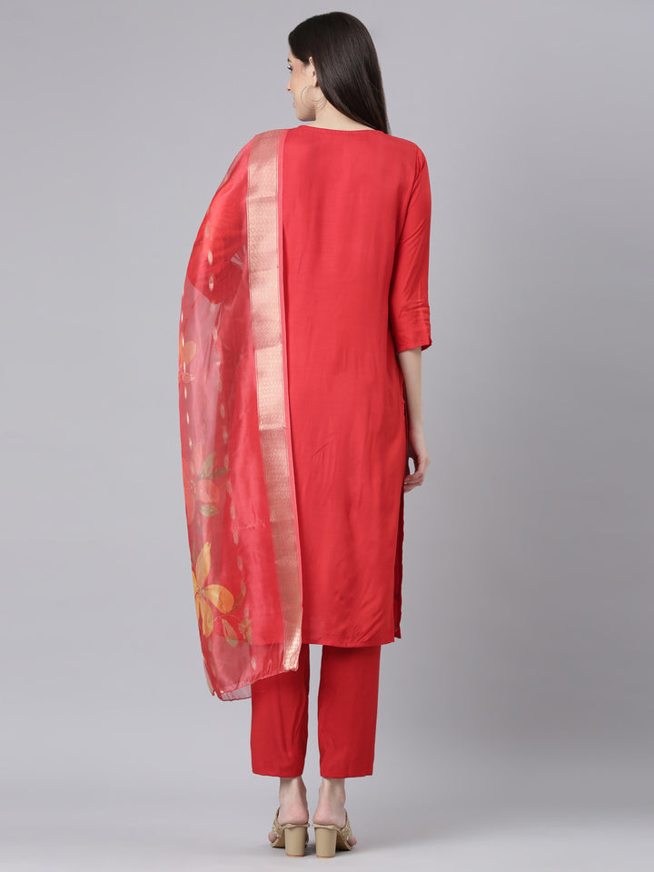 Neerus Red Solid Straight Kurta and Trousers With Dupatta