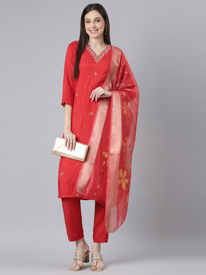 Neerus Red Solid Straight Kurta and Trousers With Dupatta