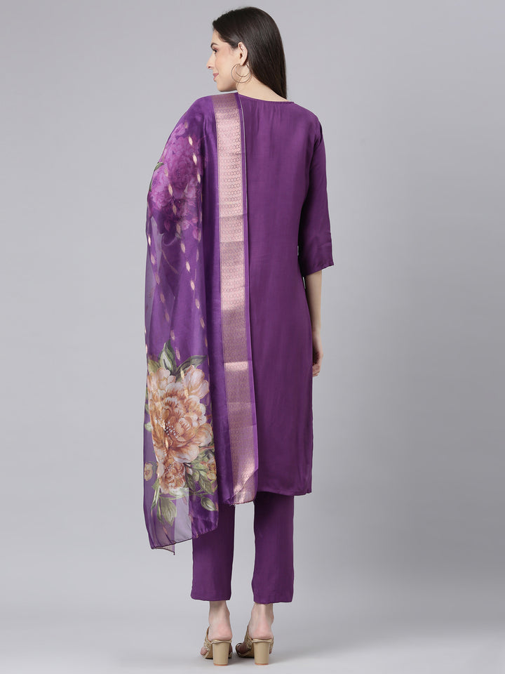 Neerus Purple Solid Straight Kurta and Trousers With Dupatta
