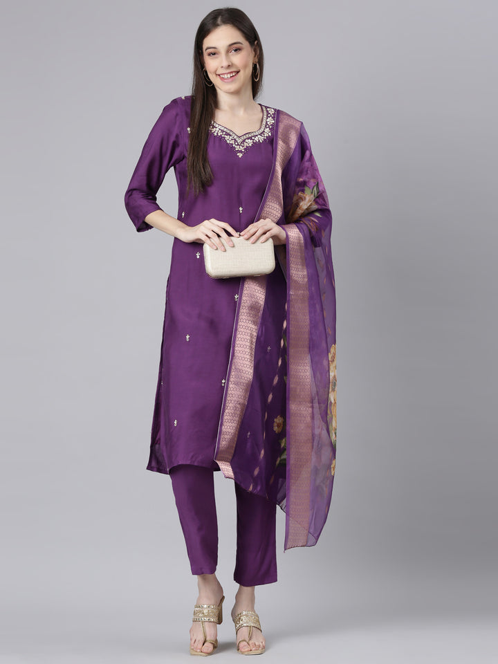 Neerus Purple Solid Straight Kurta and Trousers With Dupatta