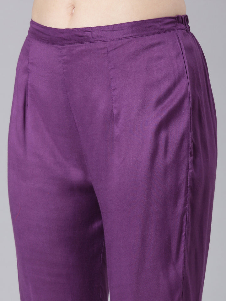Neerus Purple Solid Straight Kurta and Trousers With Dupatta