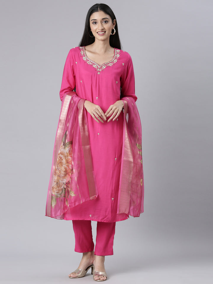 Neerus Pink Solid Straight Kurta and Trousers With Dupatta