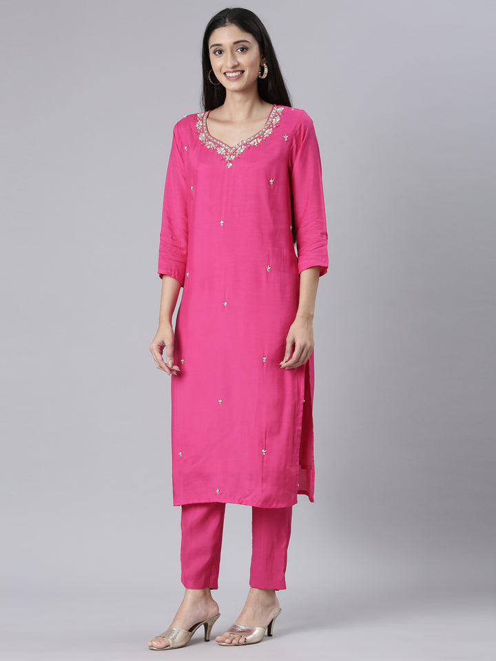 Neerus Pink Solid Straight Kurta and Trousers With Dupatta