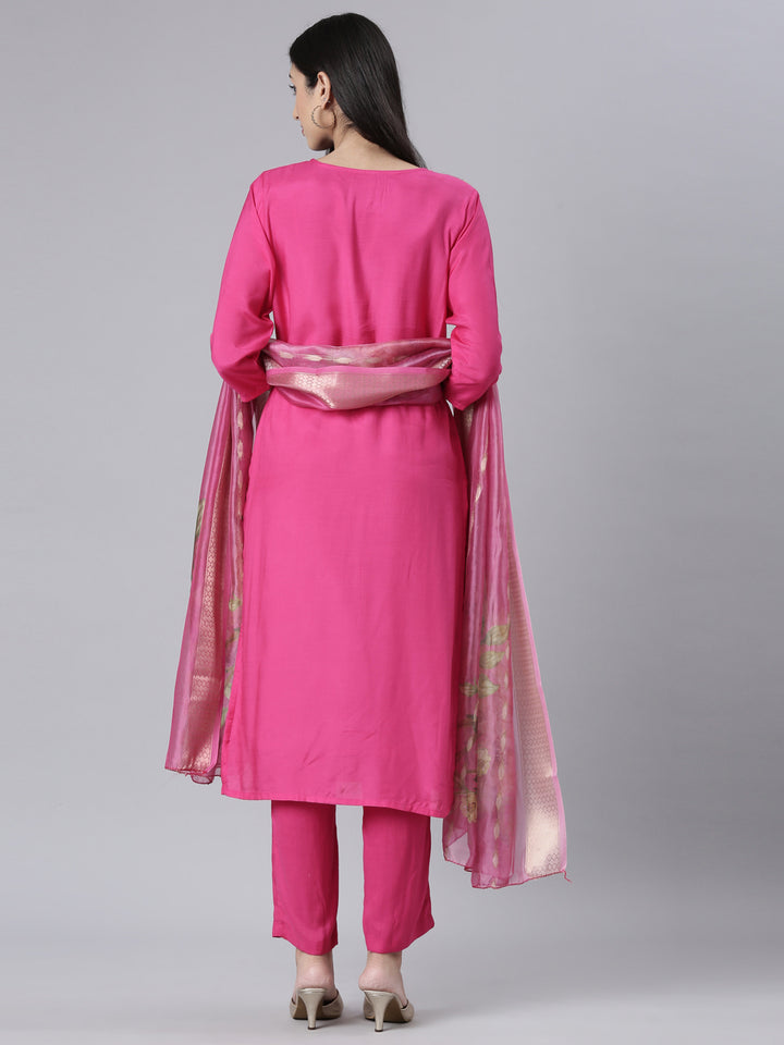 Neerus Pink Solid Straight Kurta and Trousers With Dupatta