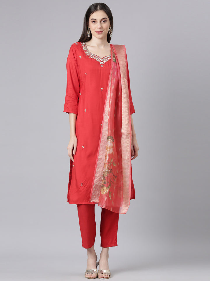 Neerus Red Solid Straight Kurta and Trousers With Dupatta