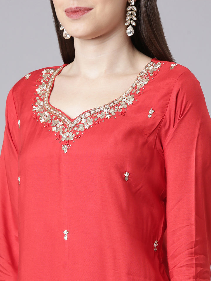 Neerus Red Solid Straight Kurta and Trousers With Dupatta