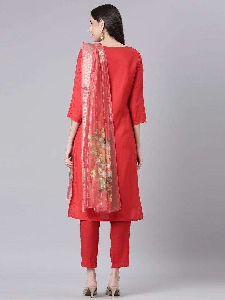Neerus Red Solid Straight Kurta and Trousers With Dupatta