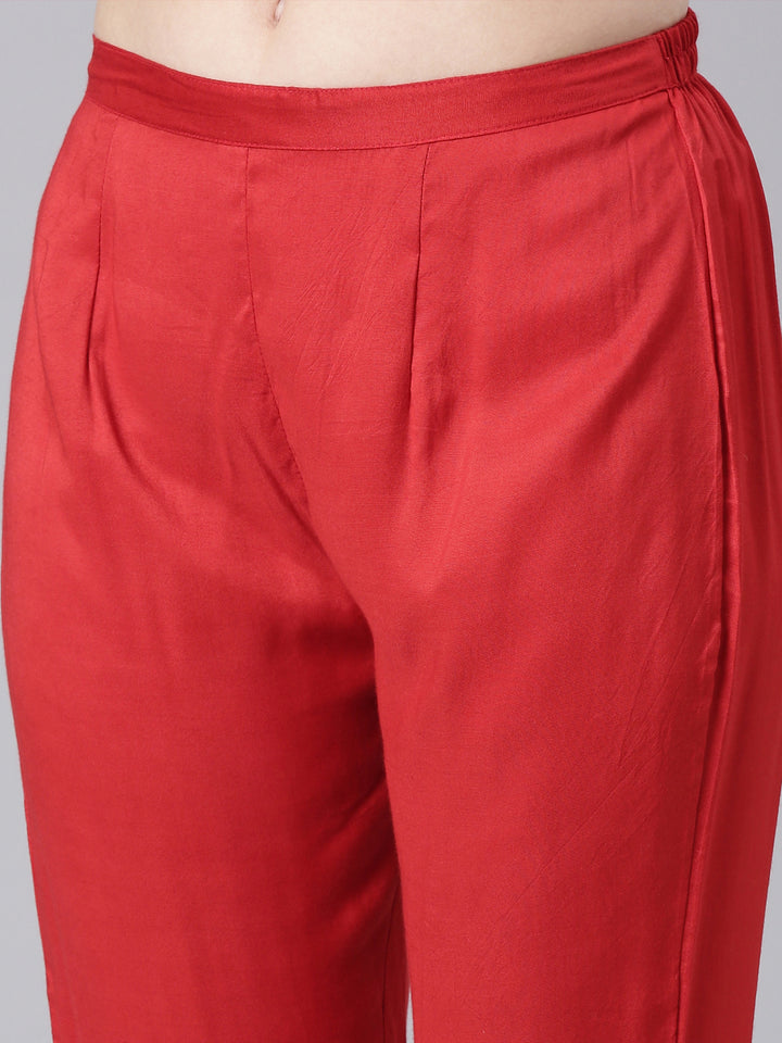 Neerus Red Solid Straight Kurta and Trousers With Dupatta