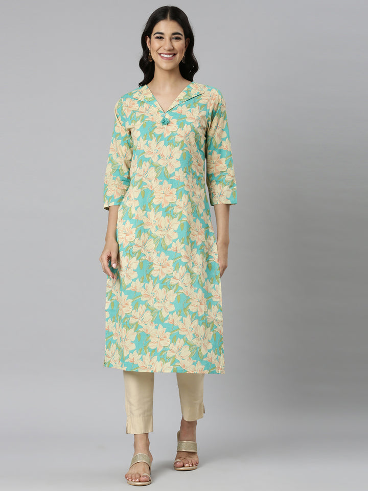 Neerus Blue Casual Floral Straight Kurtas