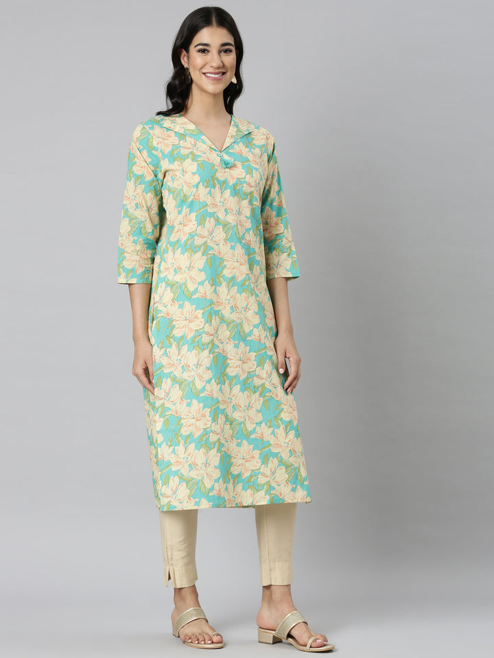 Neerus Blue Casual Floral Straight Kurtas