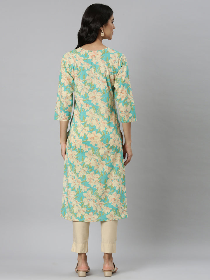 Neerus Blue Casual Floral Straight Kurtas