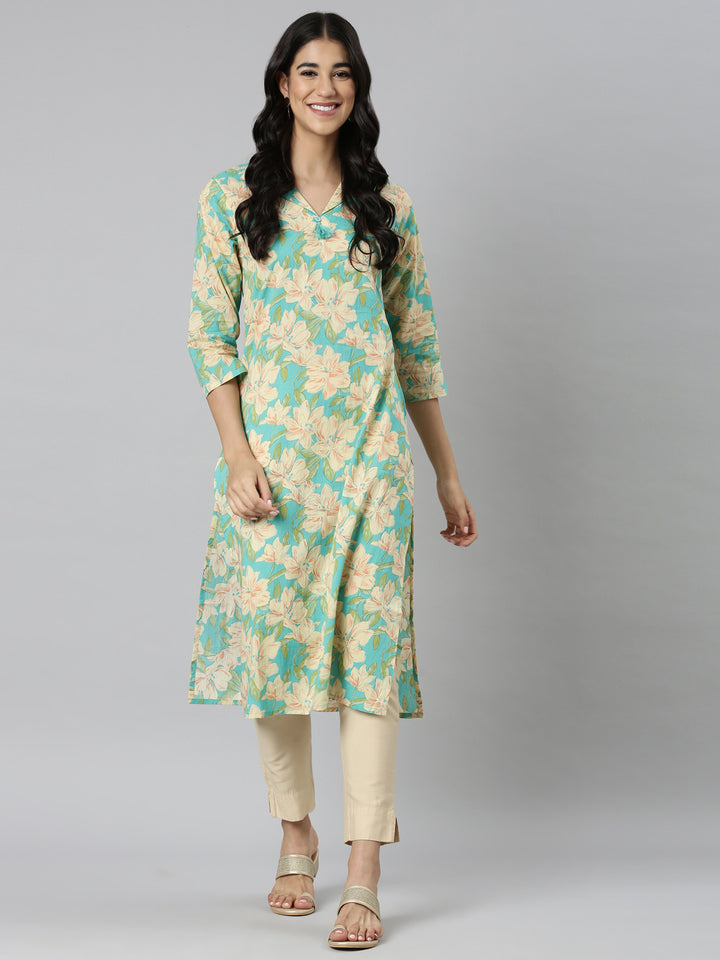 Neerus Blue Casual Floral Straight Kurtas