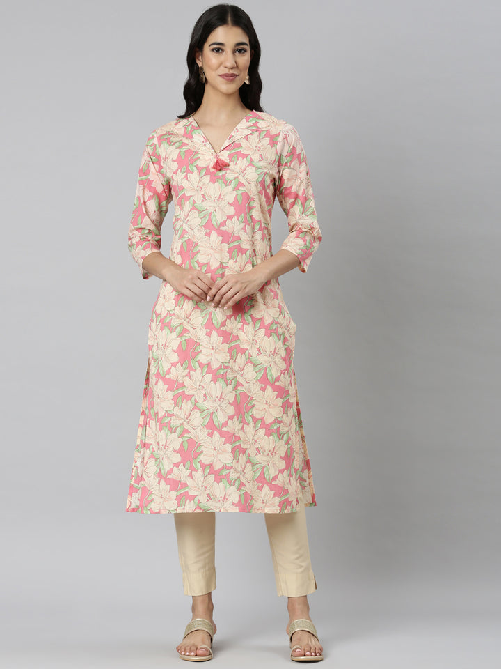 Neerus Pink Casual Floral Straight Kurtas