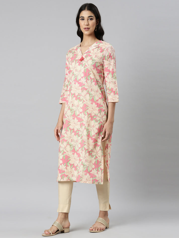 Neerus Pink Casual Floral Straight Kurtas
